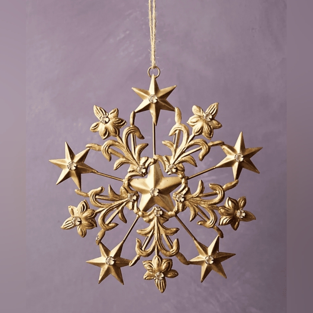 Anthropologie Holiday Gold Star Snowflake Metal Ornament Rhinestones Bling NWT